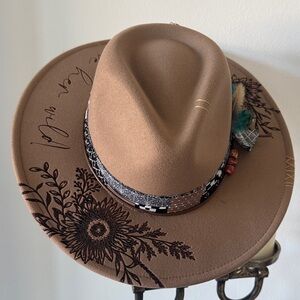 Brown Wide Brim Hat with Floral Embroidery
